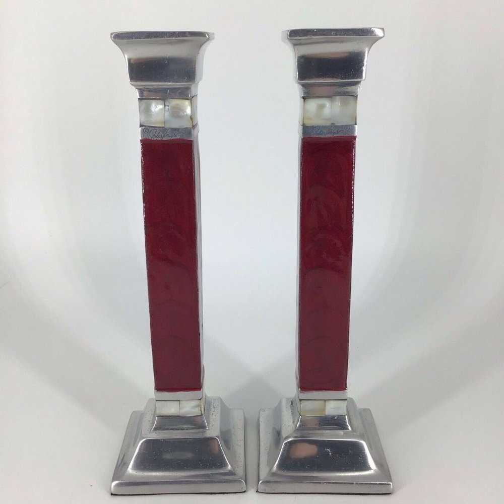 Julia Knight Mother of Pearl 2 Candle Sticks 9" Handmade Red Enamel Aluminum